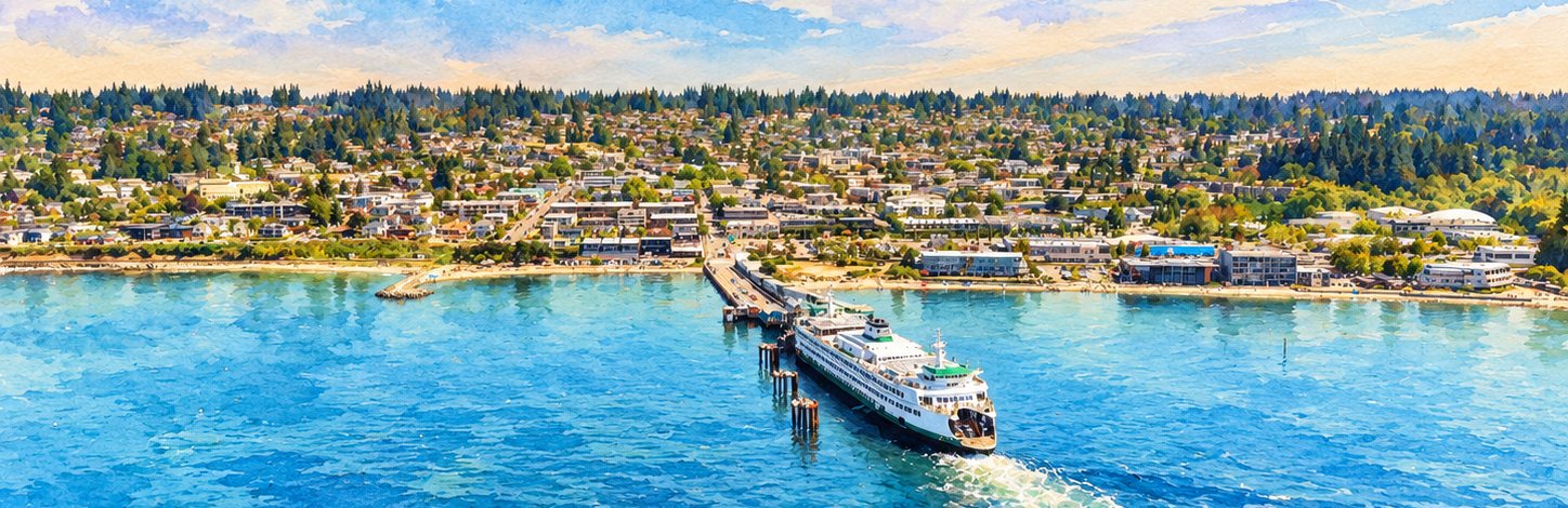 Watercolor of a Washington State ferry docked at the Edmonds terminal, with the town and its evergreen hills behind it
